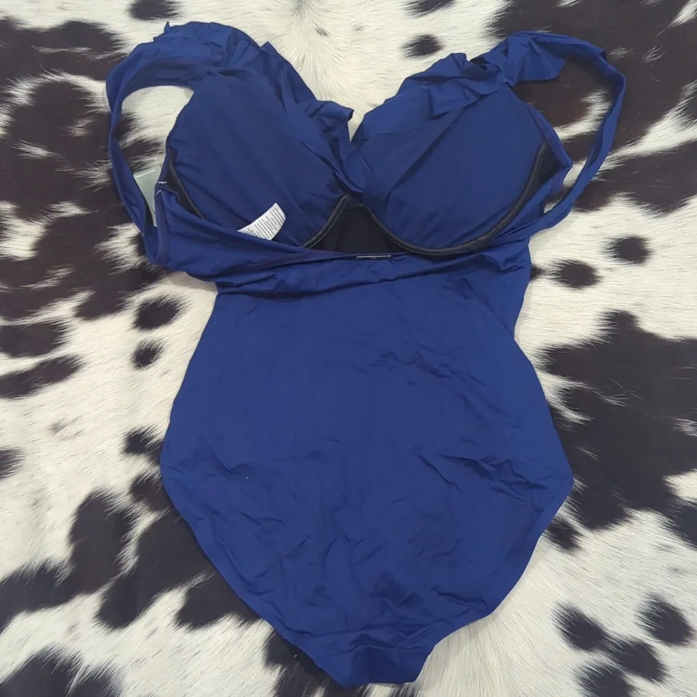 LAUREN RALPH LAUREN Beach Club Ruffle Indigo Blue LR7DB10M one piece sz 14 NWT